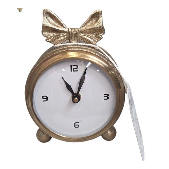Vintage Style Gold Bow Alarm Clock – Cute Retro Desk Clock, Mantel Decor Metal - Picture 1 of 6